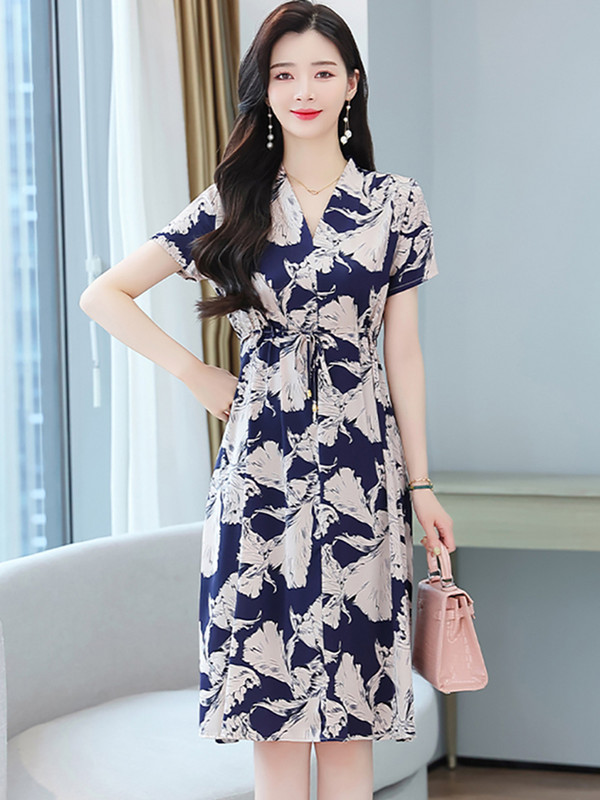 Proljeće ljeto Midi haljina kratkih rukava s V-izrezom Ženska modna ležerna vintage haljina 2024., korejski elegantni donji dio za zabavu
