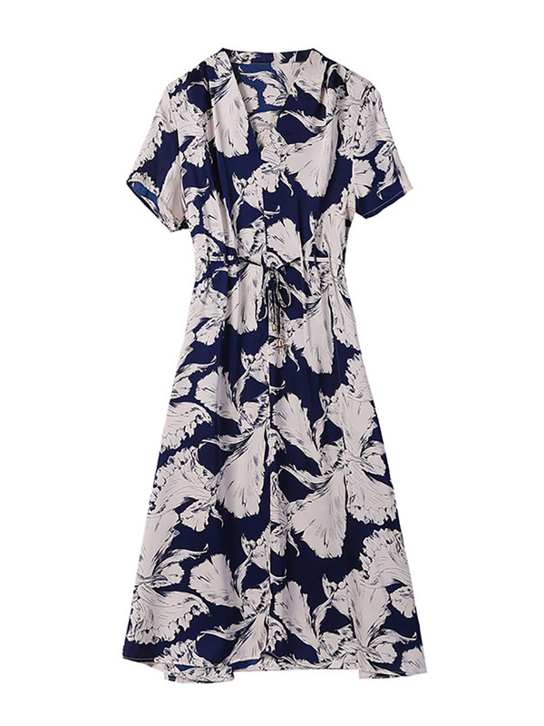 Proljeće ljeto Midi haljina kratkih rukava s V-izrezom Ženska modna ležerna vintage haljina 2024., korejski elegantni donji dio za zabavu