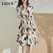 Suvine uus polo-kaelusega elegantne moeprinter Elastne taljekleit Naiste lühikeste varrukatega vabaaja A-kujulised midikleidid Vestidos De Fiesta