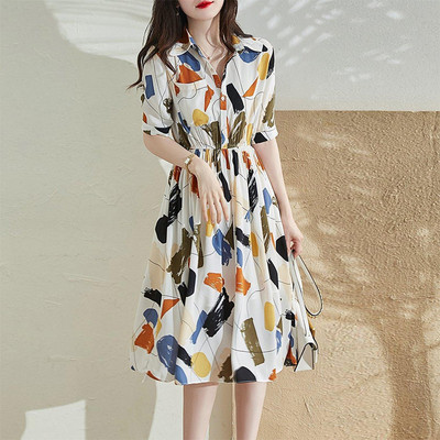 Suvine uus polo-kaelusega elegantne moeprinter Elastne taljekleit Naiste lühikeste varrukatega vabaaja A-kujulised midikleidid Vestidos De Fiesta