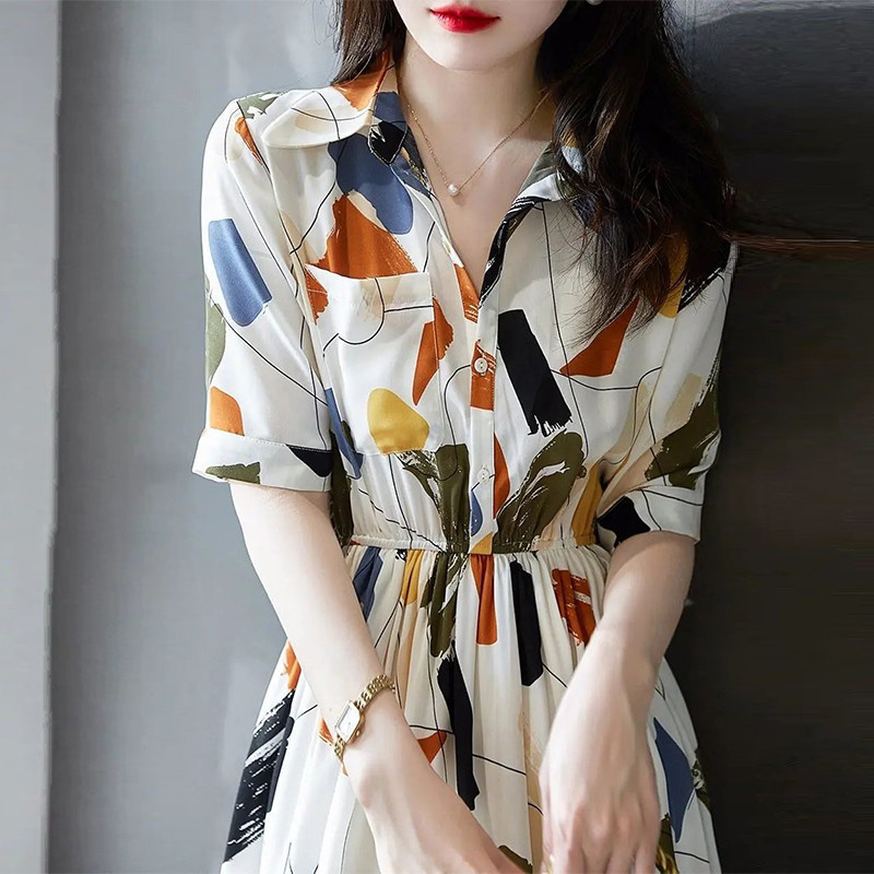 Suvine uus polo-kaelusega elegantne moeprinter Elastne taljekleit Naiste lühikeste varrukatega vabaaja A-kujulised midikleidid Vestidos De Fiesta