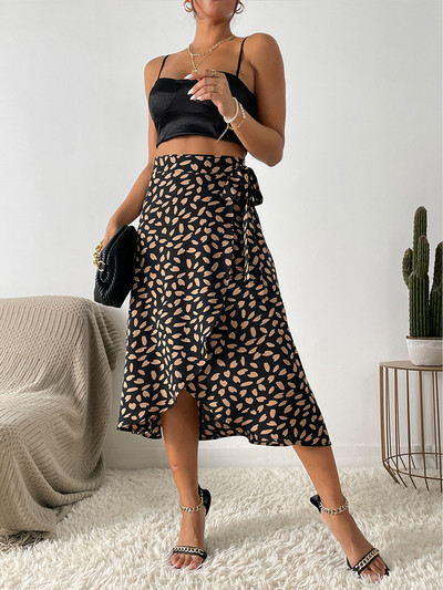 Benuynffy Boho Women Casual Print Tie Πλαϊνή φούστα Κομψή ψηλή μέση Γυναικεία καλοκαιρινές ασύμμετρες φούστες σε γραμμή Α με μήκος μέχρι το γόνατο