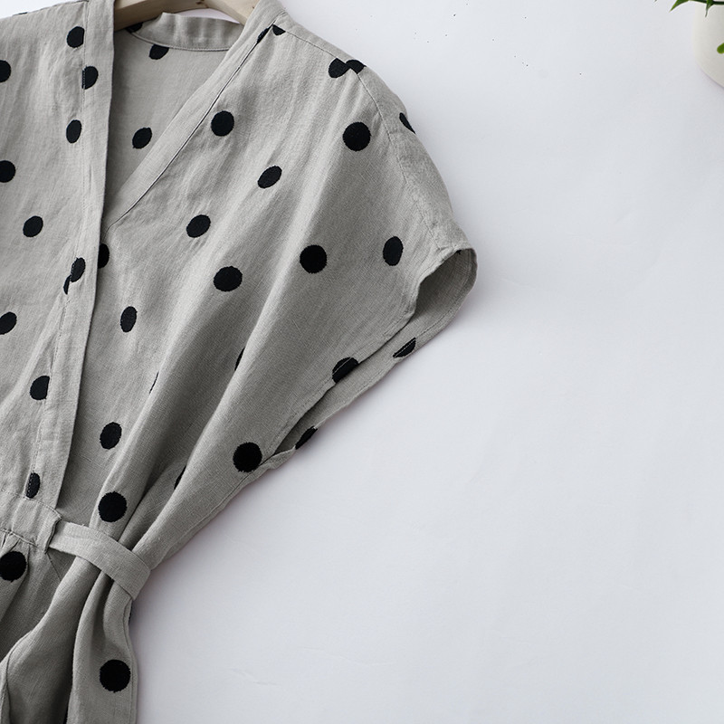 Bumbac și in Rochie cu mâneci scurte, cu decolteu în V, pentru femei, vara 2024, nou stil coreean, largi marime, rochie elegantă casual