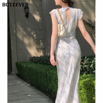BGTEEVER Лятна модна дамска миди рокля с V-образно деколте, флорално тяло, елегантна, тънка дамска рокля без ръкави с връзки и разцепени ханша