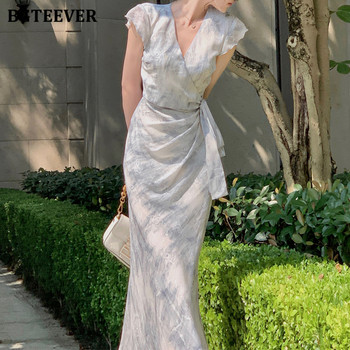 BGTEEVER Лятна модна дамска миди рокля с V-образно деколте, флорално тяло, елегантна, тънка дамска рокля без ръкави с връзки и разцепени ханша