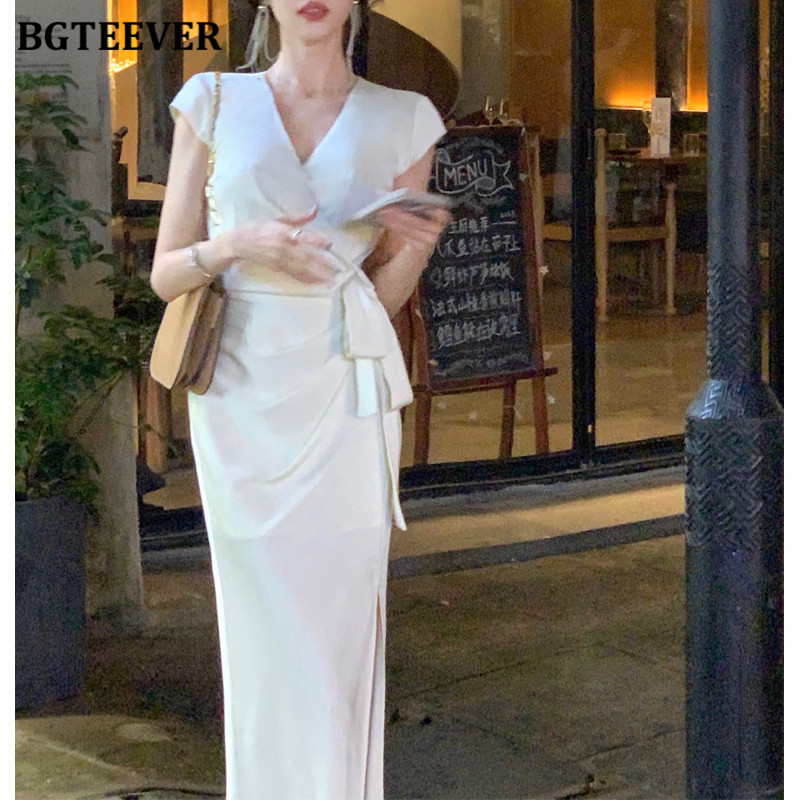 BGTEEVER Καλοκαιρινή μόδα Γυναικεία φλοράλ φόρεμα με λαιμόκοψη V με λαιμόκοψη μίντι φόρεμα Κομψό λεπτό γυναικείο κορδόνι αμάνικο πακέτο Φόρεμα με σχιστό γοφό