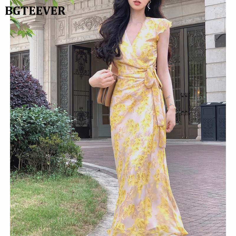 BGTEEVER Καλοκαιρινή μόδα Γυναικεία φλοράλ φόρεμα με λαιμόκοψη V με λαιμόκοψη μίντι φόρεμα Κομψό λεπτό γυναικείο κορδόνι αμάνικο πακέτο Φόρεμα με σχιστό γοφό