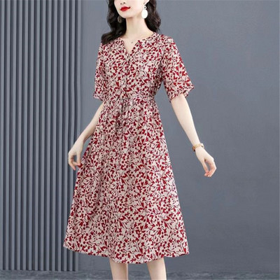 Γυναικεία ρούχα Καλοκαιρινή στάμπα V λαιμόκοψη με κορδόνι Κομψό φόρεμα για πάρτι Casual κοντό μανίκι χαλαρά μίντι φορέματα παραλίας Vestidos