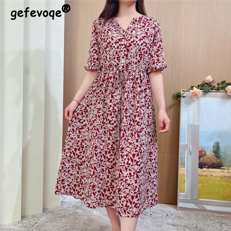 Γυναικεία ρούχα Καλοκαιρινή στάμπα V λαιμόκοψη με κορδόνι Κομψό φόρεμα για πάρτι Casual κοντό μανίκι χαλαρά μίντι φορέματα παραλίας Vestidos