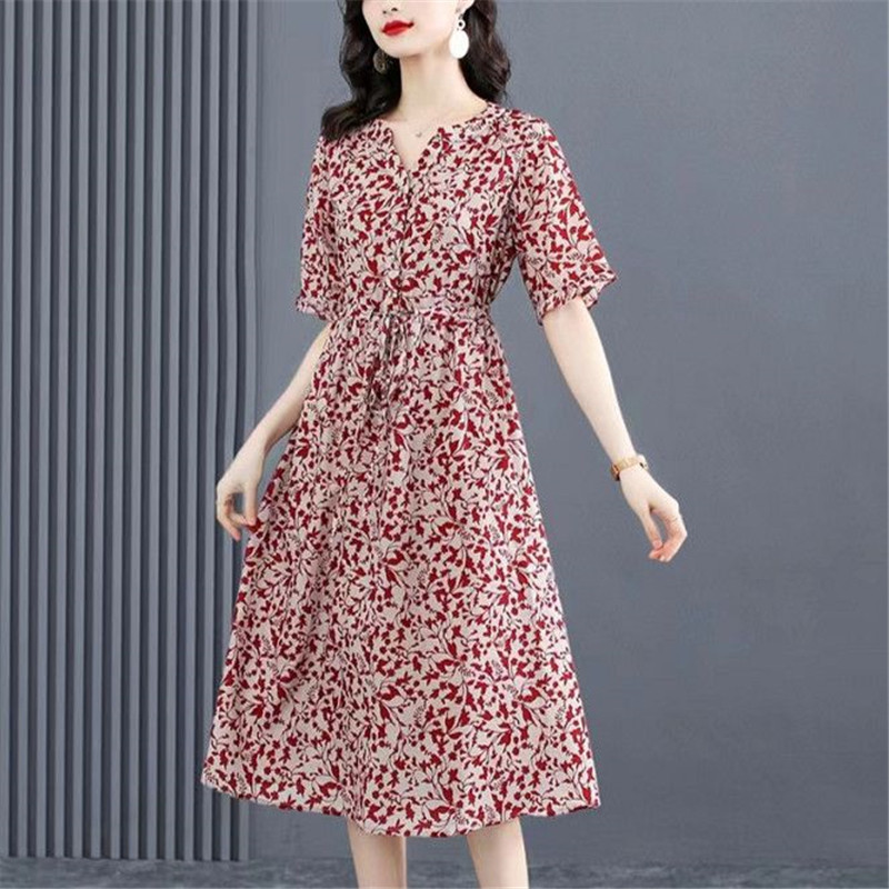 Γυναικεία ρούχα Καλοκαιρινή στάμπα V λαιμόκοψη με κορδόνι Κομψό φόρεμα για πάρτι Casual κοντό μανίκι χαλαρά μίντι φορέματα παραλίας Vestidos