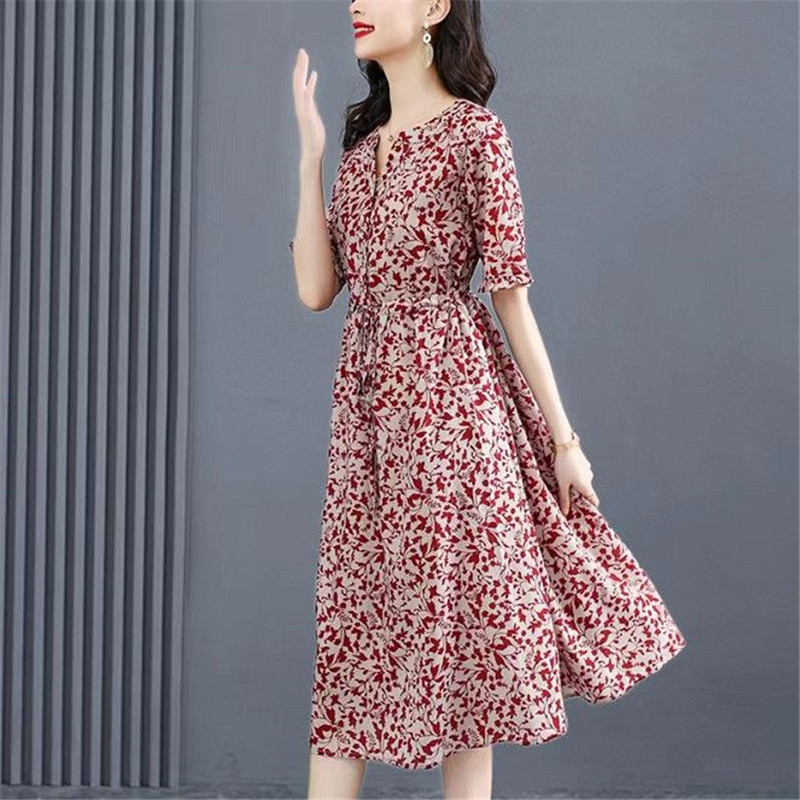 Γυναικεία ρούχα Καλοκαιρινή στάμπα V λαιμόκοψη με κορδόνι Κομψό φόρεμα για πάρτι Casual κοντό μανίκι χαλαρά μίντι φορέματα παραλίας Vestidos