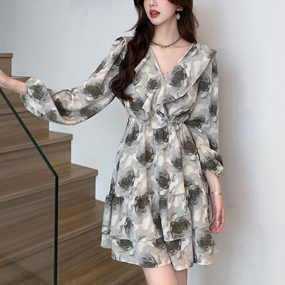 Elegáns V-nyakú, stílusos fodros midi ruha alkalmi rózsamintás női ruházat tavaszi őszi francia stílusú A-vonalú derék ruhák