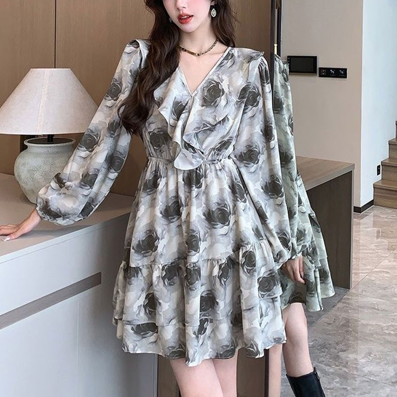 Elegáns V-nyakú, stílusos fodros midi ruha alkalmi rózsamintás női ruházat tavaszi őszi francia stílusú A-vonalú derék ruhák