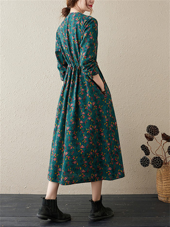 Памучно бельо с дълги ръкави Винтидж рокли с флорални щампи за жени 2024 Нова пролет есен ежедневна рокля Robe Femme Елегантно облекло
