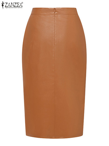 ZANZEA Office Lady Wrap Hips Jupe Fashion PU кожена миди пола 2023 Есен Дамска пола с предни цепки Корейска дълга фалда с висока талия