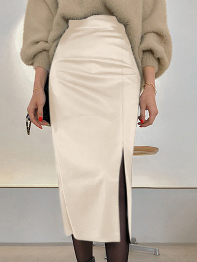 ZANZEA Office Lady Wrap Hips Jupe Fashion Midi suknja od PU kože Jesen 2023. Ženska suknja s prednjim prorezom Korejska duga falda suknja visokog struka