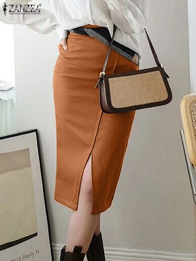 ZANZEA Office Lady Wrap Hips Jupe Fashion Midi suknja od PU kože Jesen 2023. Ženska suknja s prednjim prorezom Korejska duga falda suknja visokog struka