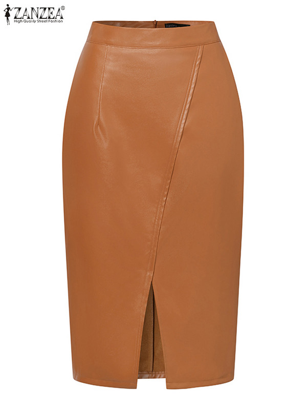 ZANZEA Office Lady Wrap Hips Jupe Fashion Midi suknja od PU kože Jesen 2023. Ženska suknja s prednjim prorezom Korejska duga falda suknja visokog struka