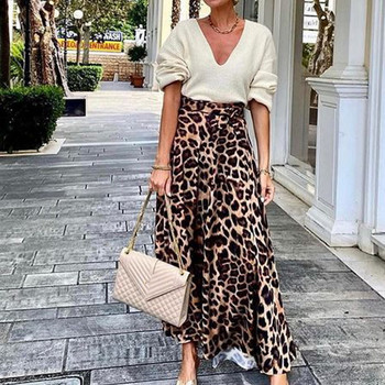 Модно улично облекло с висока талия и завързана половин пола Офис дамска суинг парти дълга пола Нова лятна тънка пола с леопардов принт