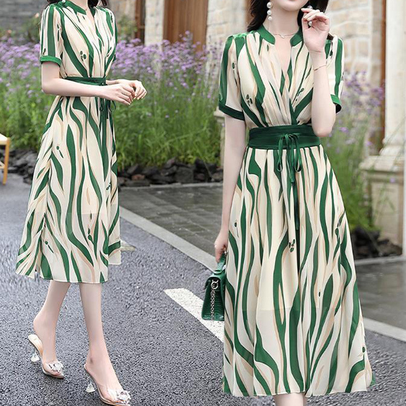 Κομψά μόδα casual ριγέ εμπριμέ φορέματα ζώνης Καλοκαίρι φθινόπωρο 2023 κοντό μανίκι V-λαιμόκοψη Φαρδύ φόρεμα μίντι γυναικεία ρούχα