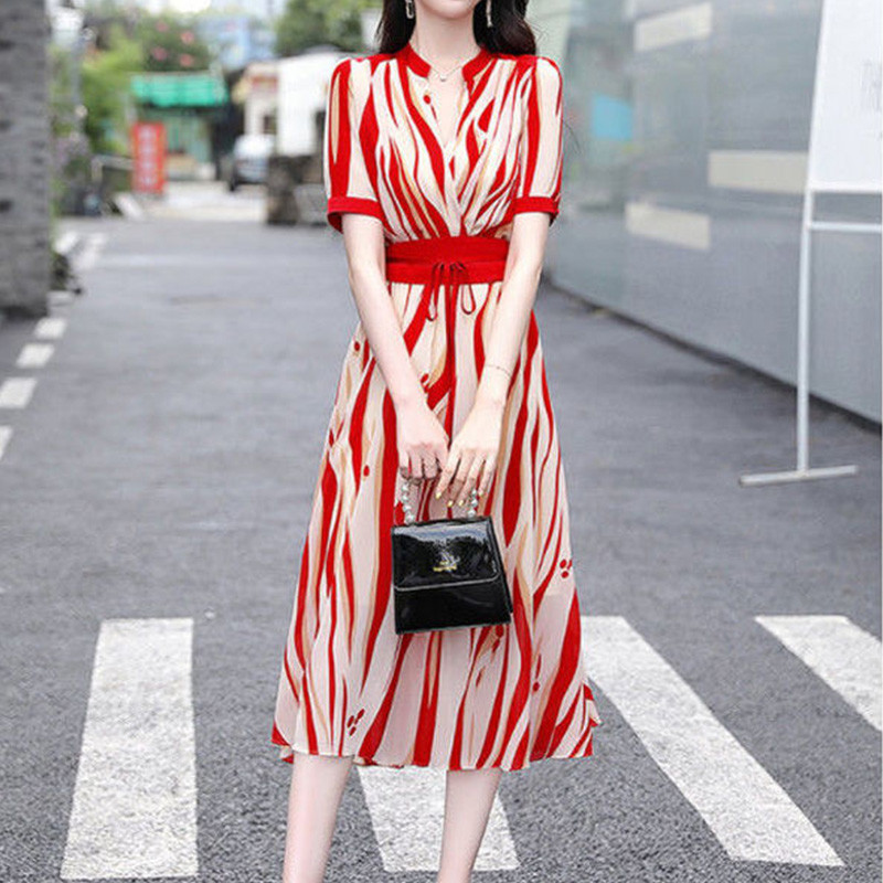 Κομψά μόδα casual ριγέ εμπριμέ φορέματα ζώνης Καλοκαίρι φθινόπωρο 2023 κοντό μανίκι V-λαιμόκοψη Φαρδύ φόρεμα μίντι γυναικεία ρούχα
