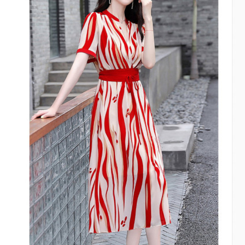 Κομψά μόδα casual ριγέ εμπριμέ φορέματα ζώνης Καλοκαίρι φθινόπωρο 2023 κοντό μανίκι V-λαιμόκοψη Φαρδύ φόρεμα μίντι γυναικεία ρούχα