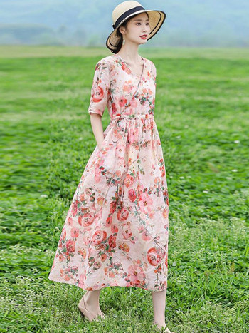 Дамска лятна ежедневна рокля, ново пристигане 2023 г., ретро стил, V-образно деколте, флорален принт, Свободни женски памучни ленени дълги рокли D516