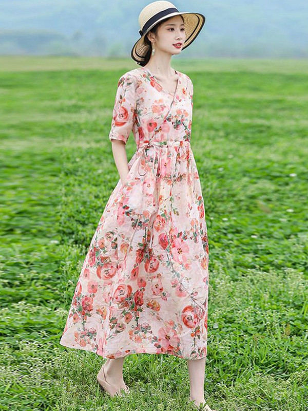 Γυναικείο καλοκαιρινό casual φόρεμα Νέα άφιξη 2023 Vintage στυλ V-λαιμόκοψη floral στάμπα Φαρδιά γυναικεία βαμβακερά λινά μακριά φορέματα D516