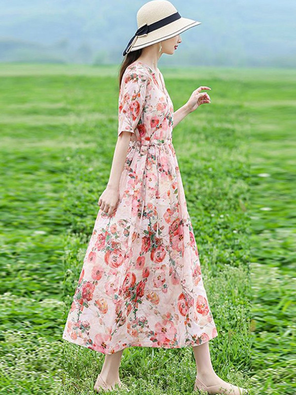 Γυναικείο καλοκαιρινό casual φόρεμα Νέα άφιξη 2023 Vintage στυλ V-λαιμόκοψη floral στάμπα Φαρδιά γυναικεία βαμβακερά λινά μακριά φορέματα D516