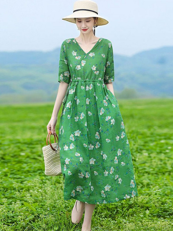 Γυναικείο καλοκαιρινό casual φόρεμα Νέα άφιξη 2023 Vintage στυλ V-λαιμόκοψη floral στάμπα Φαρδιά γυναικεία βαμβακερά λινά μακριά φορέματα D516