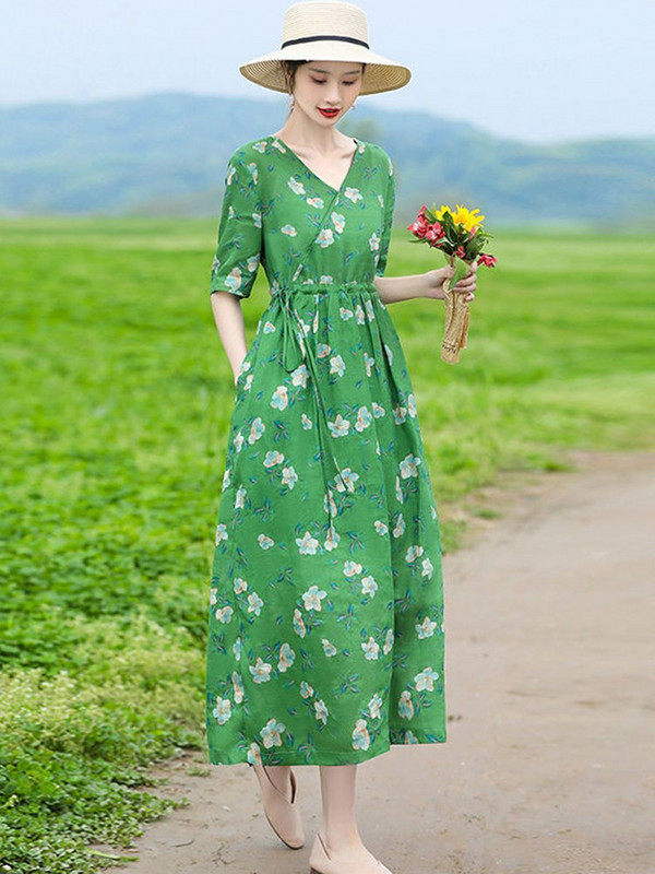 Γυναικείο καλοκαιρινό casual φόρεμα Νέα άφιξη 2023 Vintage στυλ V-λαιμόκοψη floral στάμπα Φαρδιά γυναικεία βαμβακερά λινά μακριά φορέματα D516