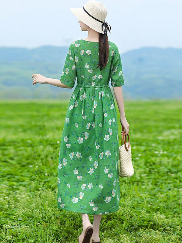 Γυναικείο καλοκαιρινό casual φόρεμα Νέα άφιξη 2023 Vintage στυλ V-λαιμόκοψη floral στάμπα Φαρδιά γυναικεία βαμβακερά λινά μακριά φορέματα D516