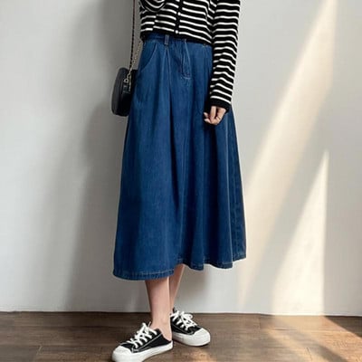 Ženska traper suknja visokog struka Novi dolazak proljeće 2024. Jednobojne osnove jednobojnog korejskog stila Ženske elegantne duge suknje A-kroja W1708