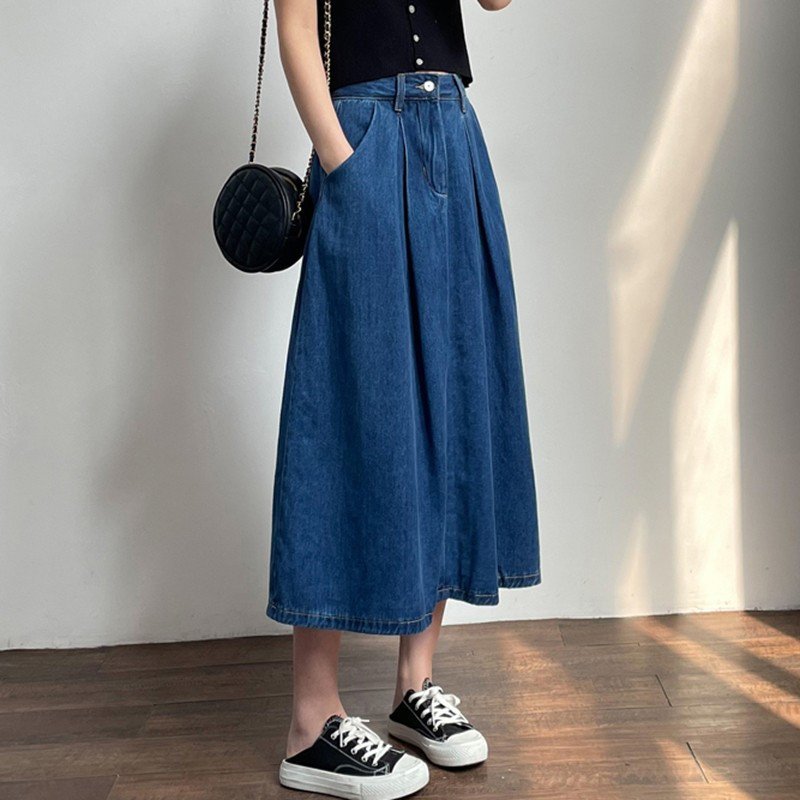 Ženska traper suknja visokog struka Novi dolazak proljeće 2024. Jednobojne osnove jednobojnog korejskog stila Ženske elegantne duge suknje A-kroja W1708