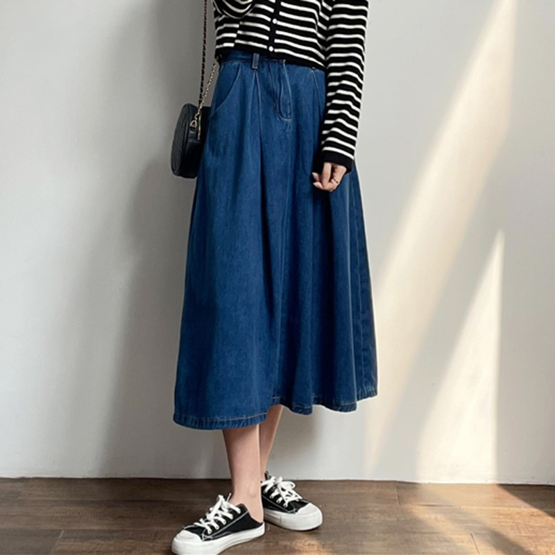 Ženska traper suknja visokog struka Novi dolazak proljeće 2024. Jednobojne osnove jednobojnog korejskog stila Ženske elegantne duge suknje A-kroja W1708