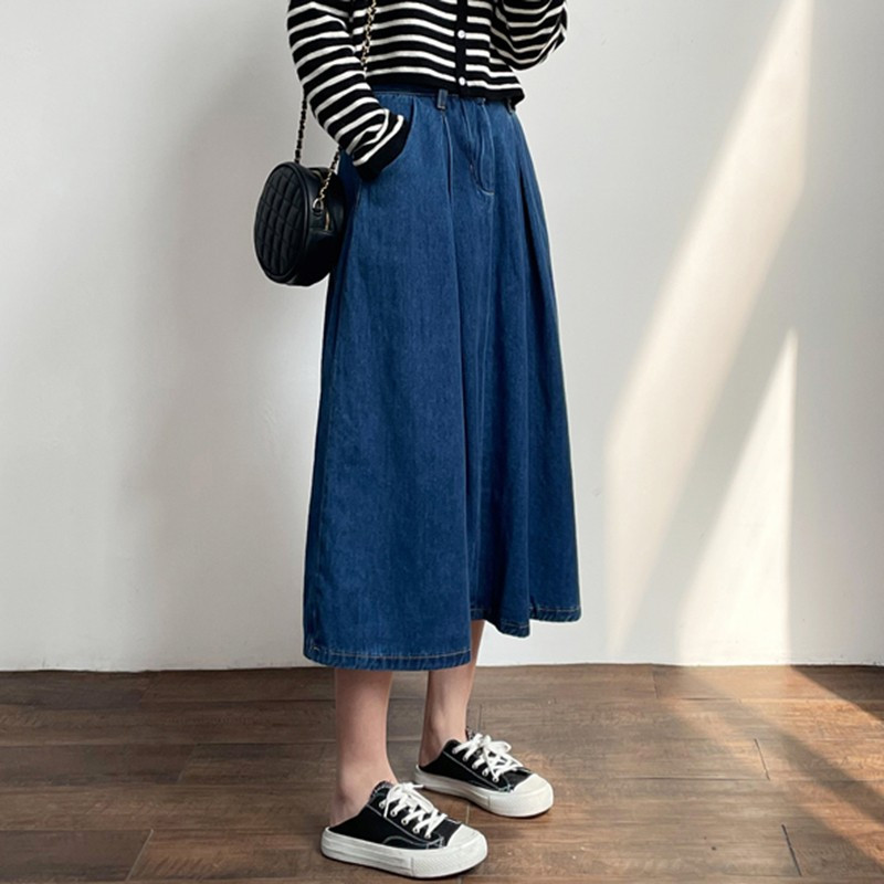 Ženska traper suknja visokog struka Novi dolazak proljeće 2024. Jednobojne osnove jednobojnog korejskog stila Ženske elegantne duge suknje A-kroja W1708