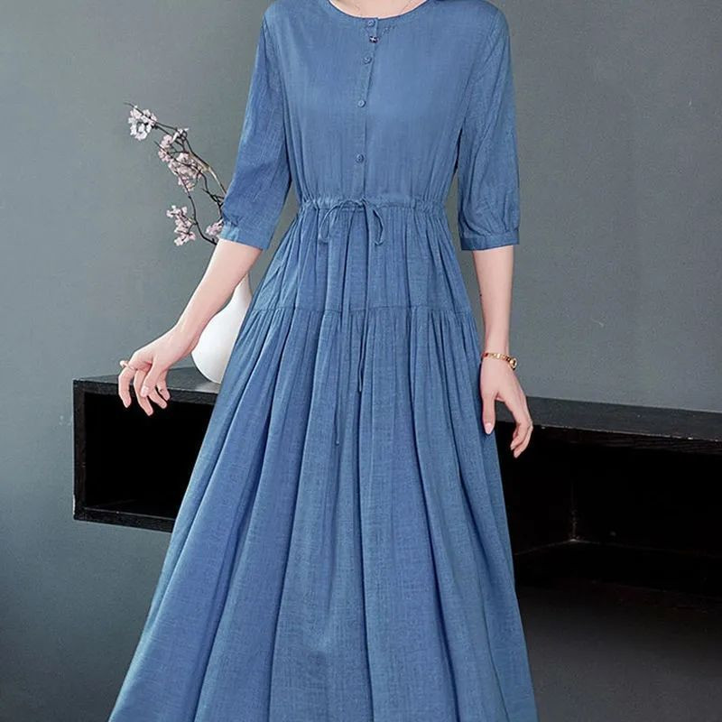 Suvine uus šikk ühevärviline puuvillane kleit naiste elegantne mood Vestidos De Fiesta pikkade varrukatega rüü Femme O kaelusega naisteriided