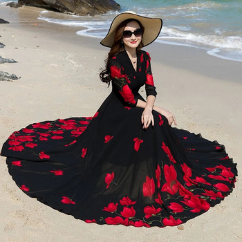 Лято 2024 Нова секси корейска версия V-образно деколте с щампа от шифон Дамска рокля с дължина до талията Темперамент Голяма люлка Тънка плажна дълга пола
