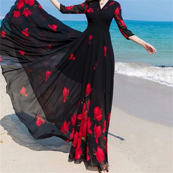 Лято 2024 Нова секси корейска версия V-образно деколте с щампа от шифон Дамска рокля с дължина до талията Темперамент Голяма люлка Тънка плажна дълга пола