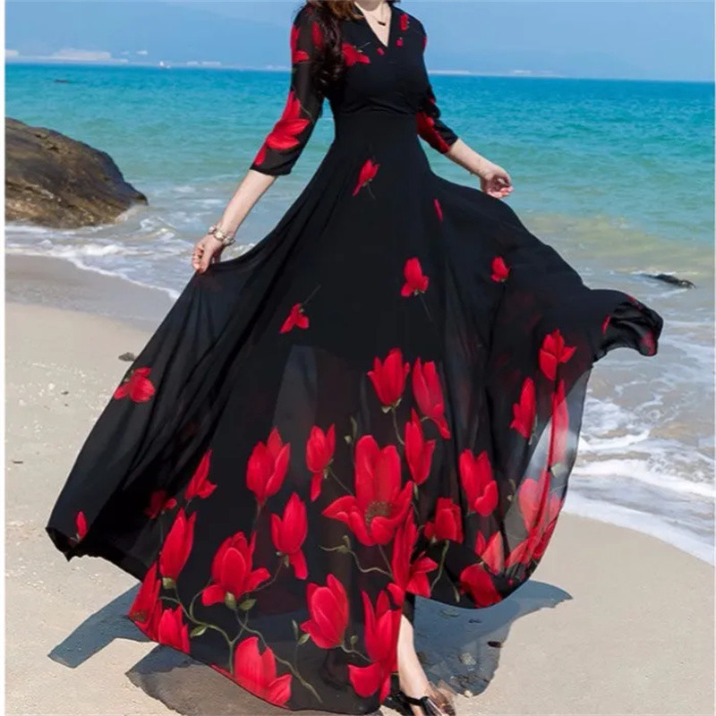 2024. aasta suvi, uus seksikas korea versioon, V-kaelusega trükitud šifoonkleit naiste vööni ulatuv temperament, suur kiiks, õhuke rannapikk seelik