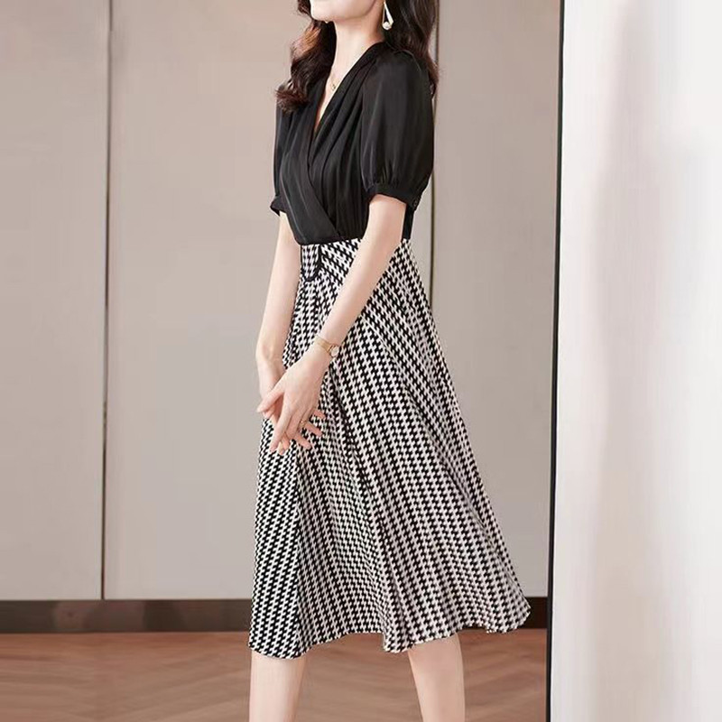 2022 de vară stil coreean elegant modă carouri mozaic talie rochii midi Office Lady cu mânecă scurtă temperament rochie Rochii