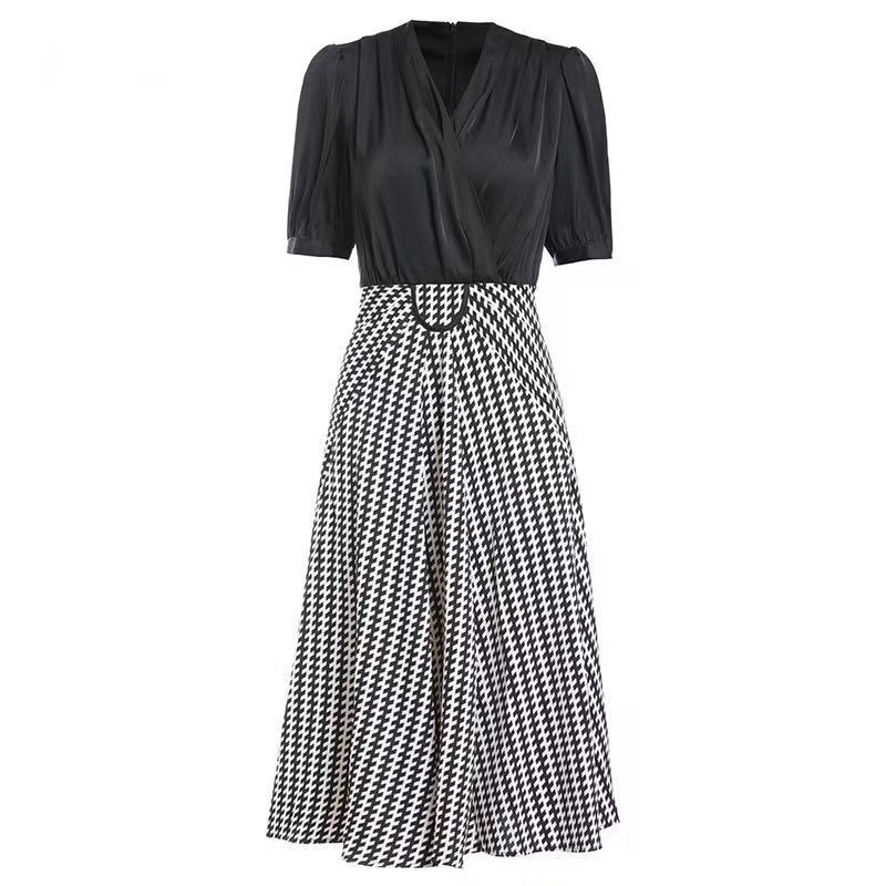 2022 de vară stil coreean elegant modă carouri mozaic talie rochii midi Office Lady cu mânecă scurtă temperament rochie Rochii