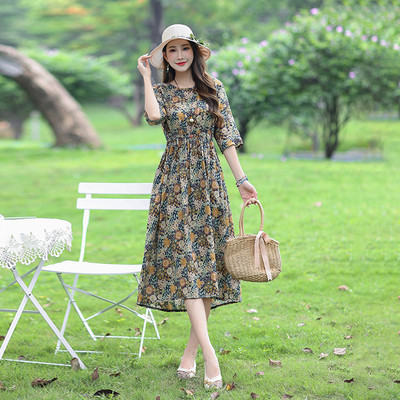 2024-es új érkezési nyomat Virágos vékony, könnyű puha pamutkeverék Prairie Chic vintage nyári ruha Divatos női alkalmi midi ruha