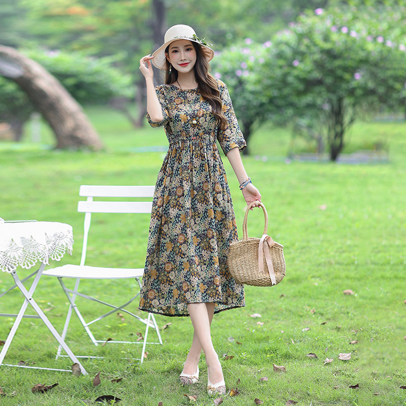 2024-es új érkezési nyomat Virágos vékony, könnyű puha pamutkeverék Prairie Chic vintage nyári ruha Divatos női alkalmi midi ruha