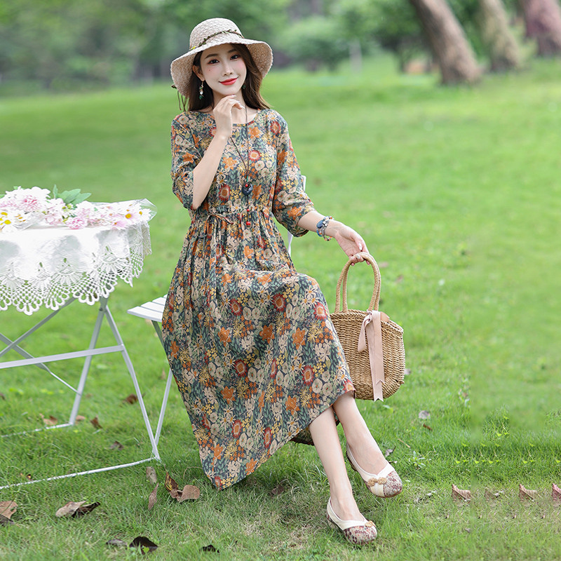 2024-es új érkezési nyomat Virágos vékony, könnyű puha pamutkeverék Prairie Chic vintage nyári ruha Divatos női alkalmi midi ruha