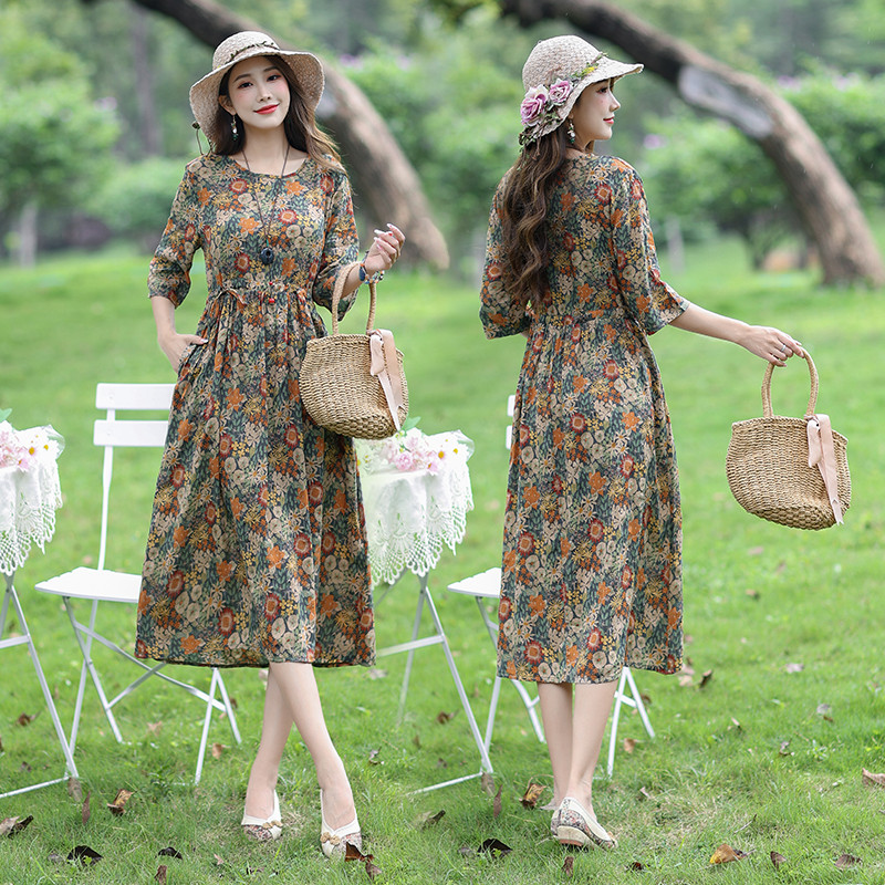 2024-es új érkezési nyomat Virágos vékony, könnyű puha pamutkeverék Prairie Chic vintage nyári ruha Divatos női alkalmi midi ruha