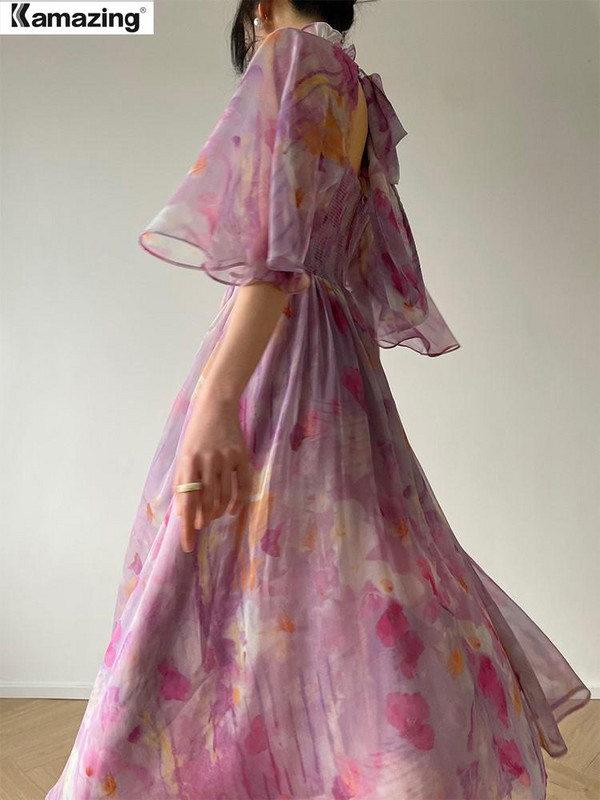 Κομψά στάμπτα λεπτά μίντι φορέματα για γυναίκες εξώπλατα φόρεμα Princess Party Runway Summer Chic Lace Up Robe Γυναικεία Ρούχα