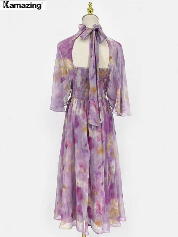 Κομψά στάμπτα λεπτά μίντι φορέματα για γυναίκες εξώπλατα φόρεμα Princess Party Runway Summer Chic Lace Up Robe Γυναικεία Ρούχα