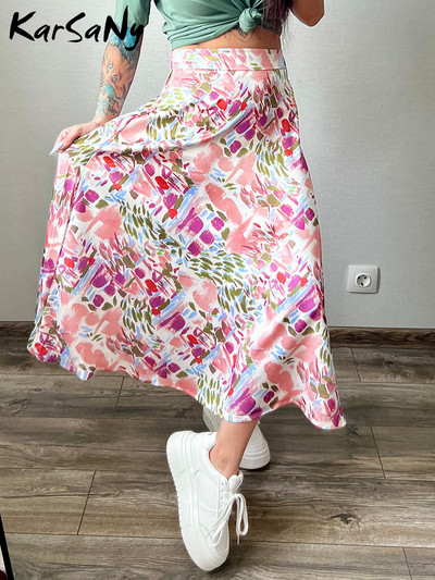 Szatén nyári midi szoknya nőknek 2024 rózsaszín egy vonal elegáns virág szatén szoknya utánzat selyem női nyomott virágos szoknya nyári