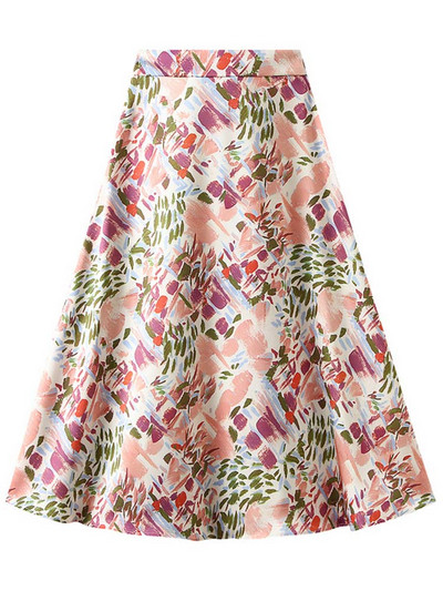 Σατέν καλοκαιρινές μίντι φούστες για γυναίκες 2024 Pink A Line Elegant Flower Σατέν φούστα Απομίμηση Μεταξωτές Γυναικείες εμπριμέ Floral φούστα καλοκαίρι